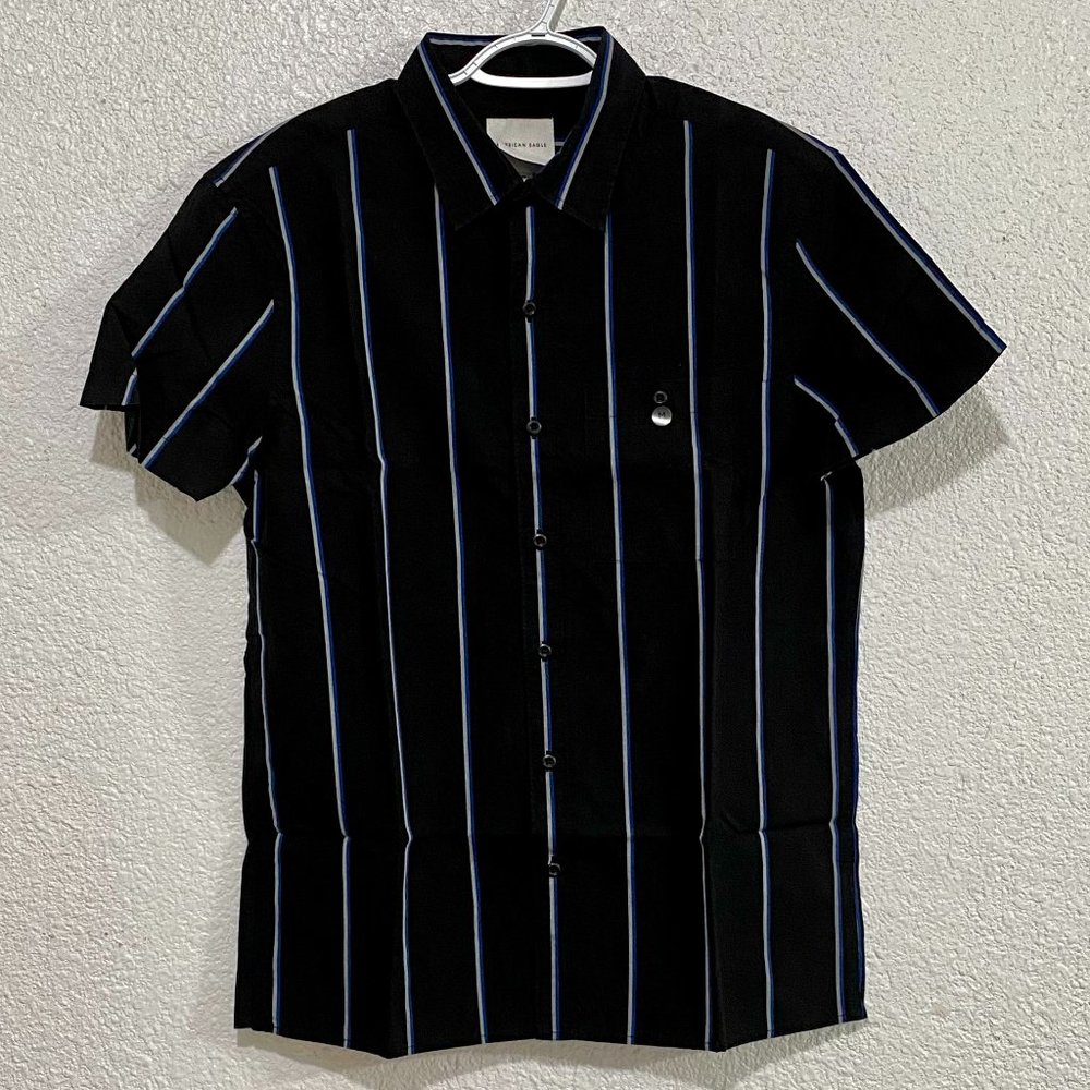 New Black American Eagle Medium Poplin Short Sleeve Button-Up Shirt
